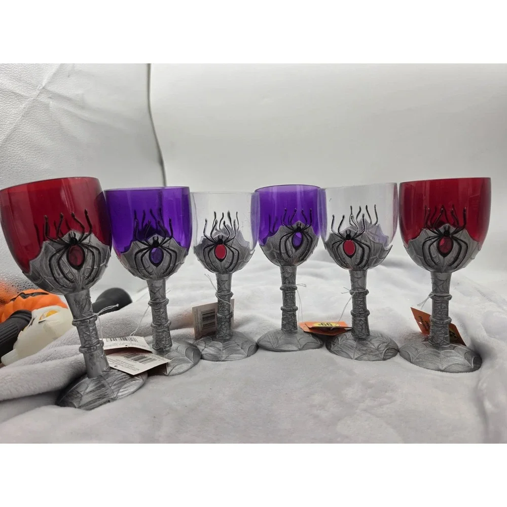 LOT 6 Halloween Acrylic Jewel Accent Spider Web Stem Wine Glass Festive Goblets